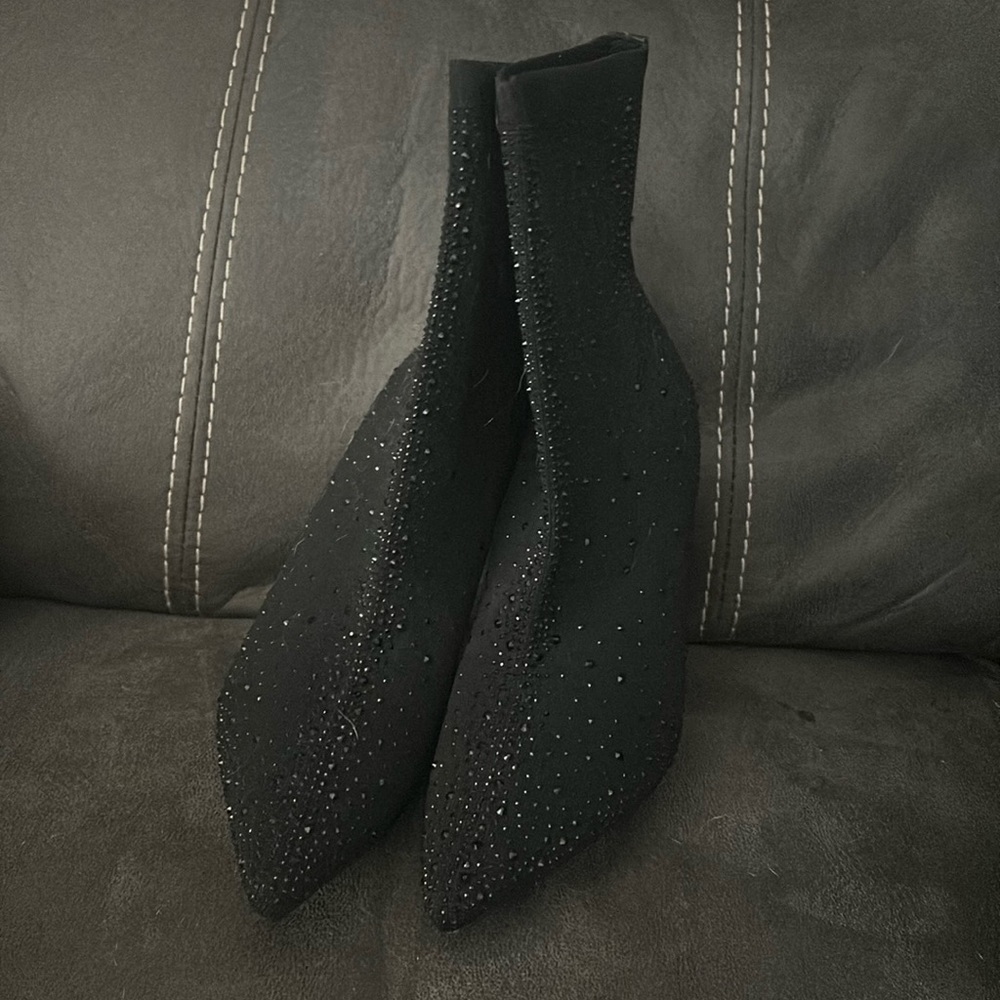Black sequin bootie heels